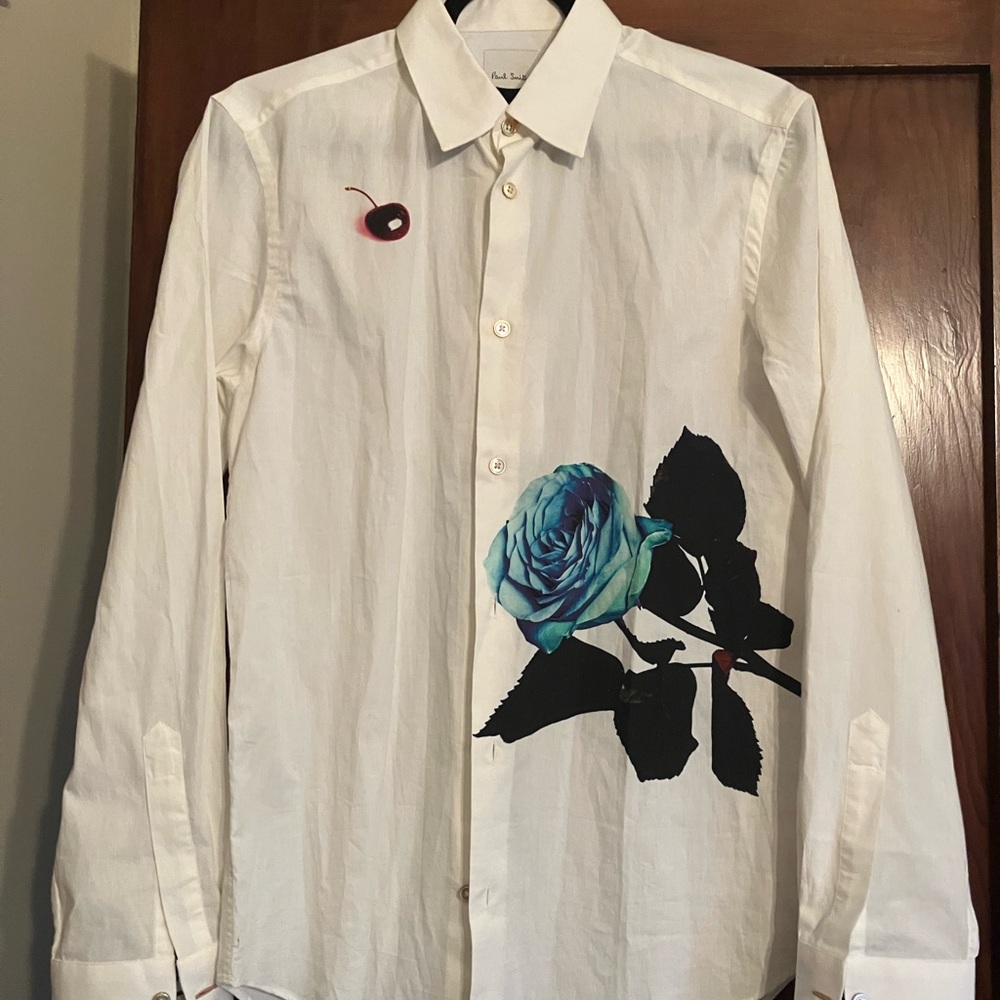PaulSmith White cotton unisex Shirt with Blue Rose Print